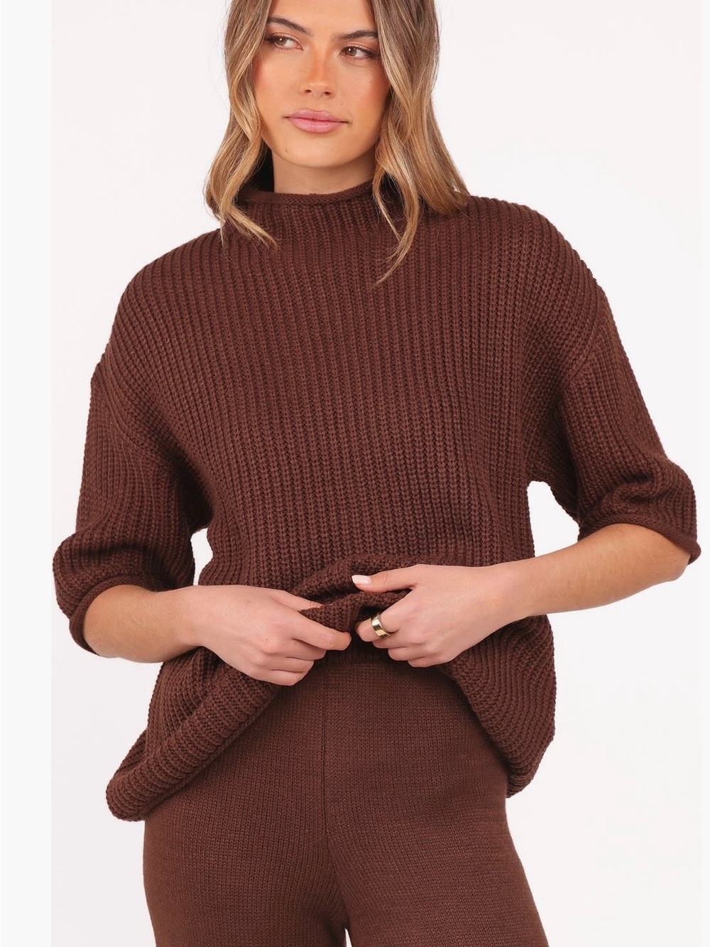 PETAL & PUP Remi Chocolate Brown Ribbed Mock Neck Sweater 1/2 Sleeve